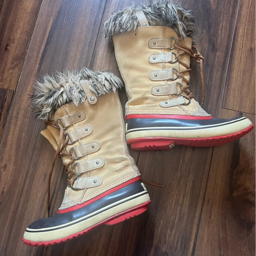 Sorel Waterproof Winter Boots Faux Fur Tan Red Sole Women Size 6 / EU 37 - Picture 3 of 7